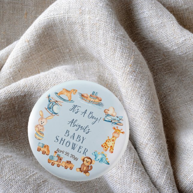 Det är en Boy Wooden | Spädbarnshuggare i fyllda L Knapp (Wooden and Stuffed Toys "It's A Boy" Blue Baby Shower Buttons)