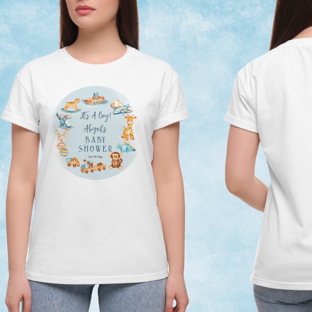 Det är en Boy Wooden | Spädbarnshuggare i fyllda L T Shirt (Wooden and Stuffed Toys "It's A Boy" Blue Baby Shower T-shirt)