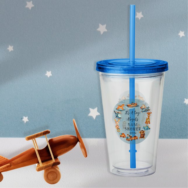 Det är en Boy Wooden | Spädbarnshuggare i fyllda L Take Away Mugg (Wooden and Stuffed Toys "It's A Boy" Blue Baby Shower Acrylic Tumbler)