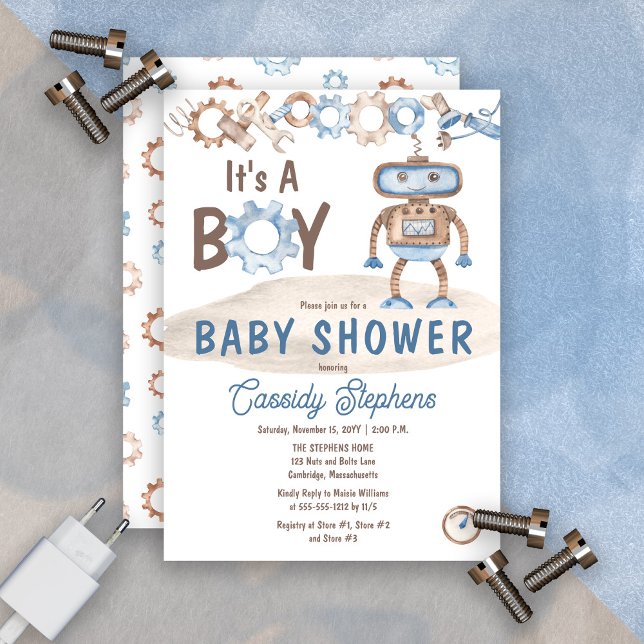 Det är en Cute Blue | Greige Robot Baby Shower Inbjudningar (It's A Boy Cute Blue and Greige Robot Baby Shower Invitation)