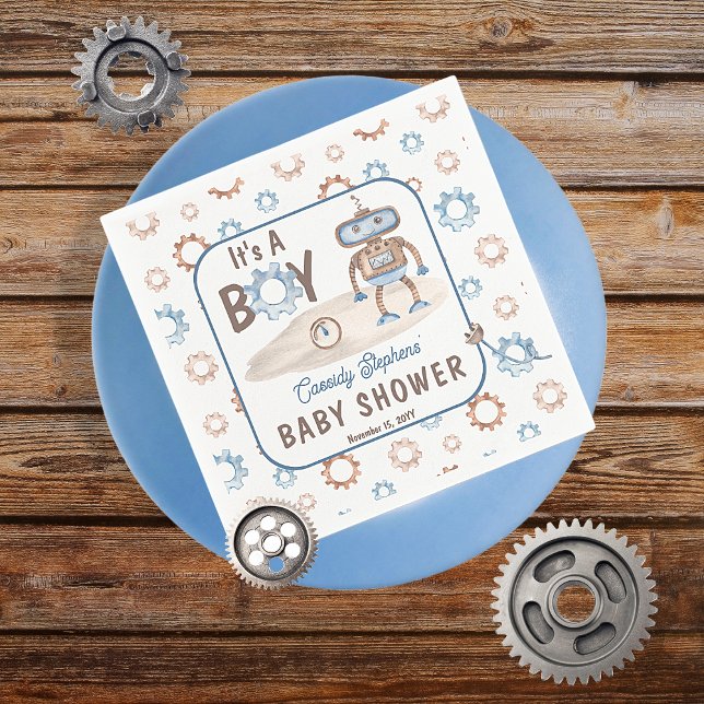 Det är en Cute Blue | Greige Robot Baby Shower Pappersservett (Blue, greige and white "It's A Boy" Cute Robot-Themed Baby Shower Paper Napkins)