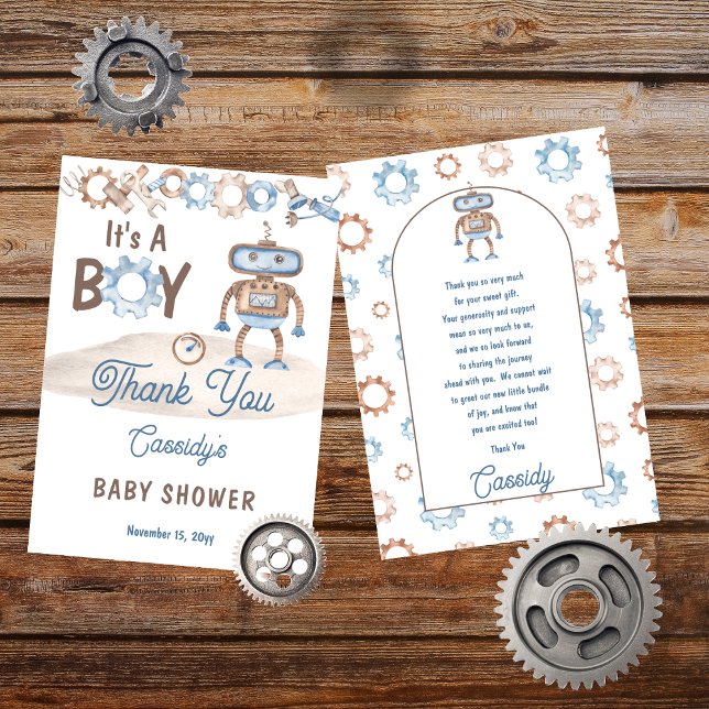 Det är en Cute Blue | Greige Robot Baby Shower Tack Kort (It's A Boy Cute Blue and Greige Robot Baby Shower Thank You Card)