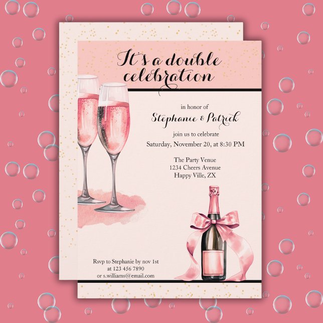 Det är en dubbel födelsedagsfirande rosa champagne inbjudningar (Skapare uppladdad)