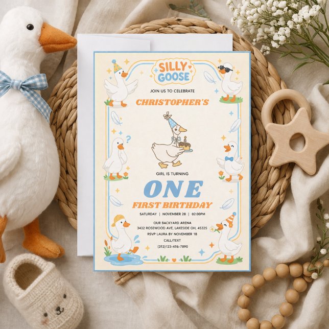 Det är EN dum gås retro 1-års födelsedags kul mode Inbjudningar (It’s ONE Silly Goose Retro 1st Birthday Fun Modern Invitation
)