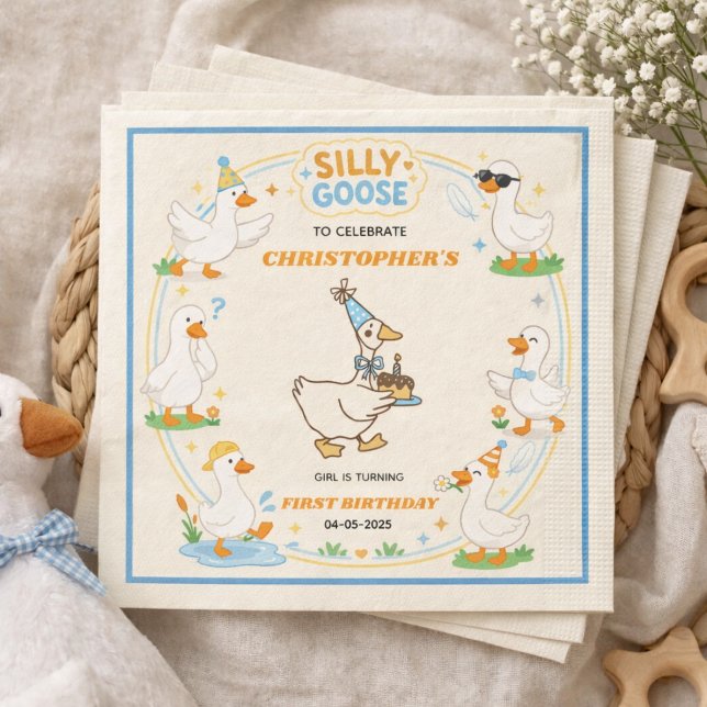 Det är EN dum gås retro 1-års födelsedagsfest mode Pappersservett (It’s ONE Silly Goose Retro 1st Birthday Fun Modern paper napkins)