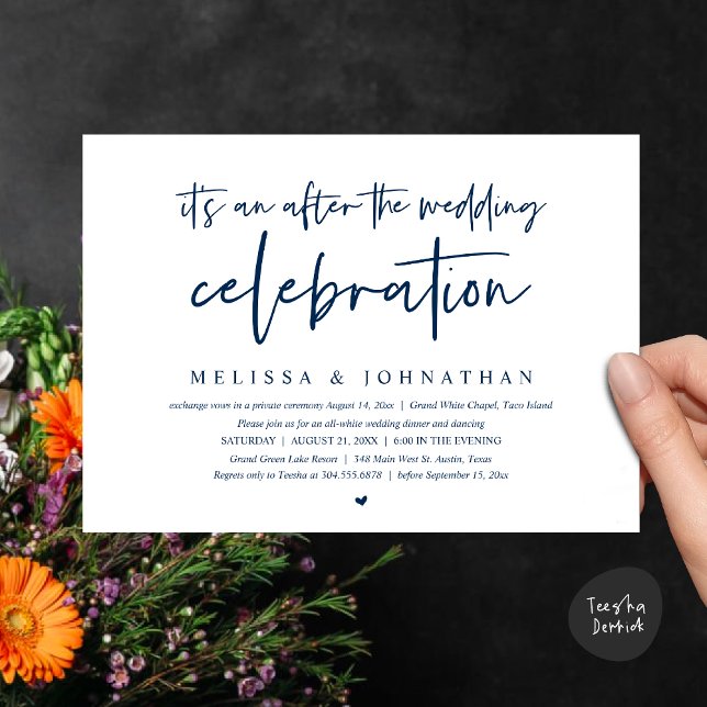 Det är en efter bröllop firande, middag. inbjudningar (Happily Ever After Party, After the wedding celebration Romantic Dinner Invites Card PDF Navy Blue)