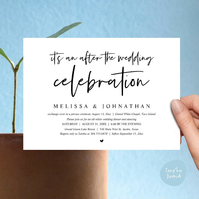 Det är en efter bröllop firande, middag. inbjudningar (Happily Ever After Party, After the wedding celebration Romantic Dinner Invites Card PDF White Black)