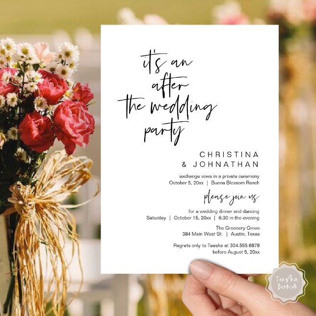 Det är en efterbröllopsfest, elopement middag inbjudningar (It's an after the wedding, Elopement dinner dancing brunch Party Invitation Card PDF Black White)
