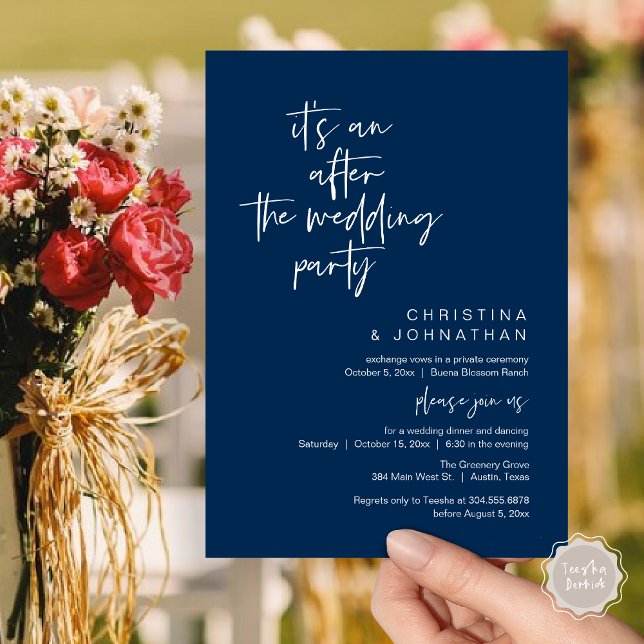 Det är en efterbröllopsfest, elopementsmiddag inbjudningar (It's an after the wedding, Elopement dinner dancing brunch Party Invitation Card PDF Navy Blue)