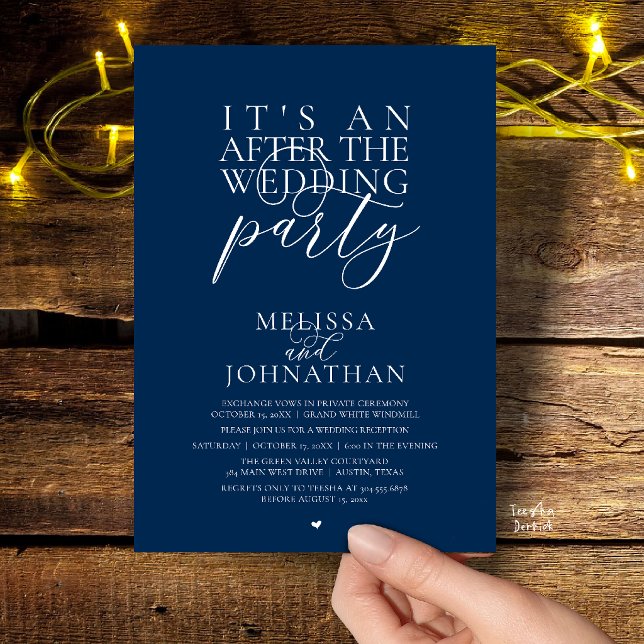 Det är en efterbröllopsfest, modern mottagning inbjudningar (It's an after the wedding party, modern reception invitation Card in Navy Blue)