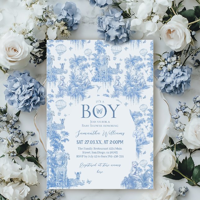 Det är en Elegant Blue Toile Safari Baby Shower Inbjudningar (Skapare uppladdad)