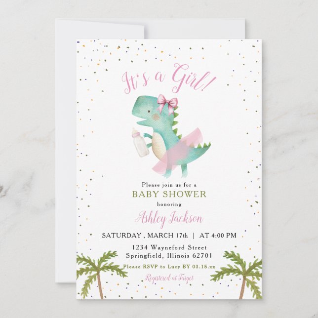 Det är en flicka Ballerina Dinosaur Baby Shower Inbjudningar (Framsida)