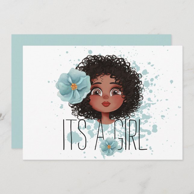 Det är en flicka, blåblomma, flicka-födelseannonse meddelande (Fram/baksida)