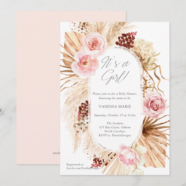 Det är en flicka Boho Blommigt Pampas Grass Baby S Inbjudningar (Fram/baksida)