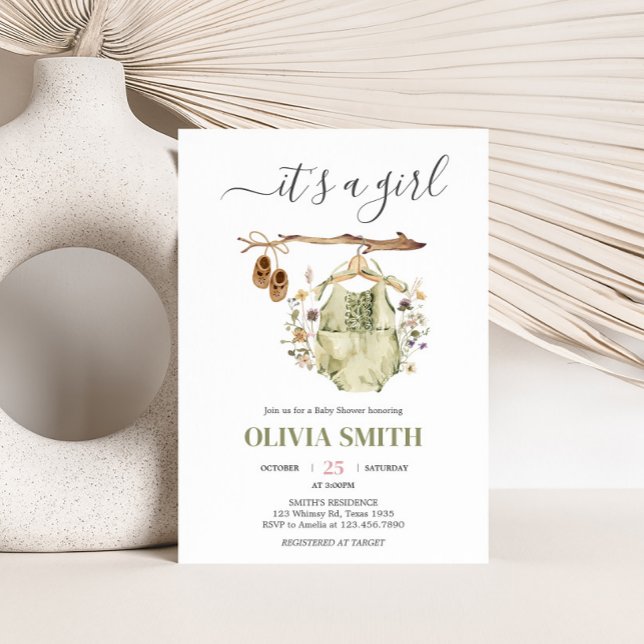 Det är en flicka Boho Clothes Baby Shower Inbjudningar (Greenery Boho Clothes Baby Shower Invitation)