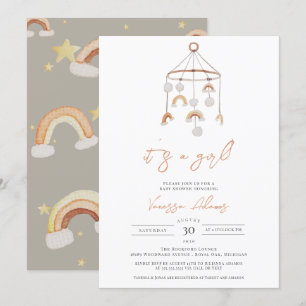 Det är en flicka, Boho Rainbow Baby Nursery Leksak Inbjudningar