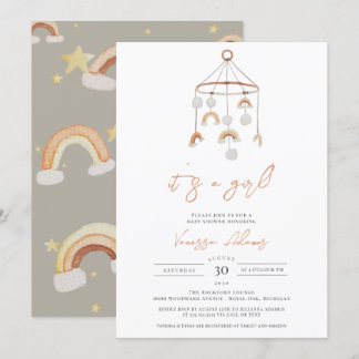 Det är en flicka, Boho Rainbow Baby Nursery Leksak Inbjudningar