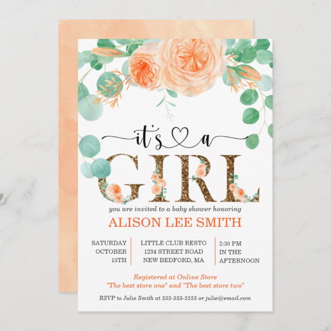 Det är en flicka botaniska teal och orange Baby Sh (Fram/baksida)