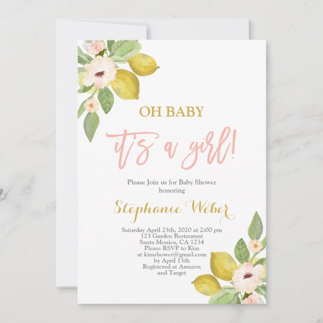 Det är en flicka, citrus Lemons Babydusch. Inbjudningar (Framsida)