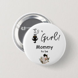 Det är en flicka! Cute Black Cat och Bok Mamma to  Knapp