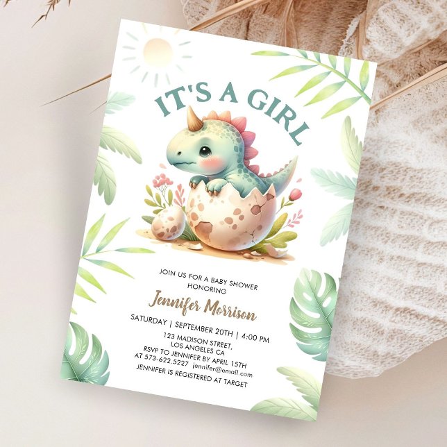 Det är en flicka! Cute Dino Dinosaur Girl Baby Sho Inbjudningar (Skapare uppladdad)