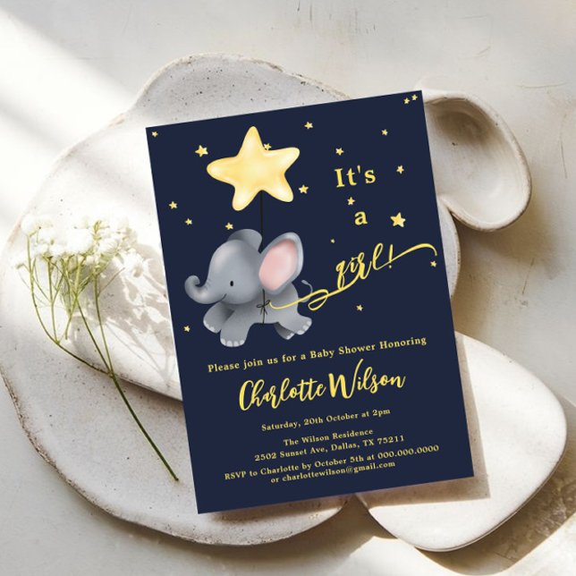 Det är en flicka! Cute Elephant & Balloon Baby Sho Inbjudningar (Skapare uppladdad)