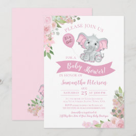 Det är en flicka! Cute Elephant Rosa Blommigt Baby Inbjudningar