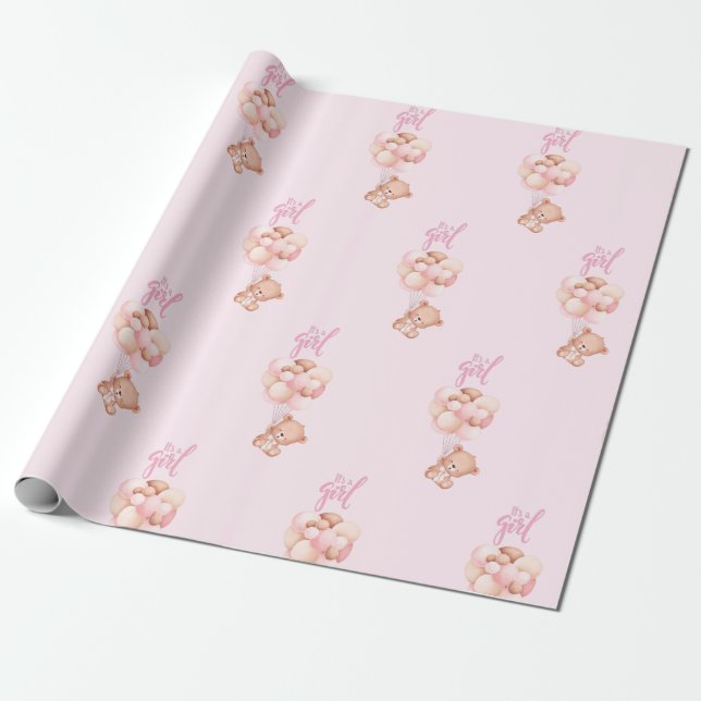 Det är en flicka Cute Nalle Leksak med ballonger Presentpapper (Utrullad)