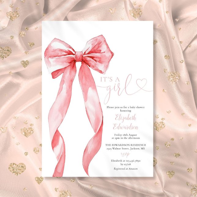 Det är en flicka Elegant Rosa Slöja Bebis Shower Inbjudningar (Its A Girl Elegant Pink Bow Baby Shower Invitation)