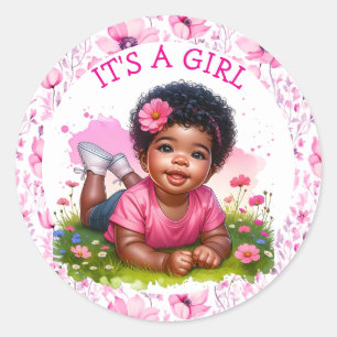 Det är en flicka Flickans Blommigt Baby Shower Runt Klistermärke
