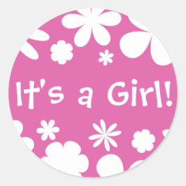 Det är en flicka! Flower Power Kuvert - etikettför Runt Klistermärke