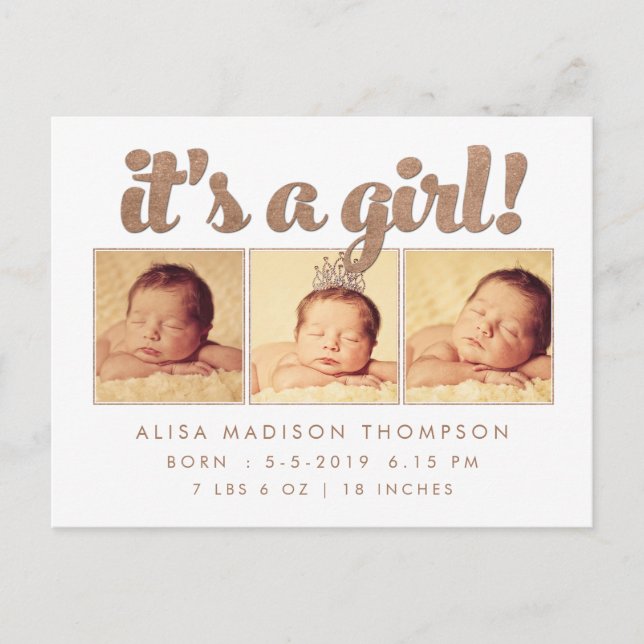 Det är en flicka Födelse kungörelse Foto vykort (Framsida)