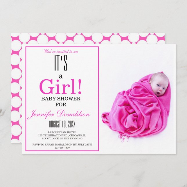 Det är en flicka! Fotoinbjudan till rosa Baby Show Inbjudningar (Fram/baksida)