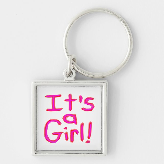 Det är en flicka! fyrkantig silverfärgad nyckelring (Framsidan)