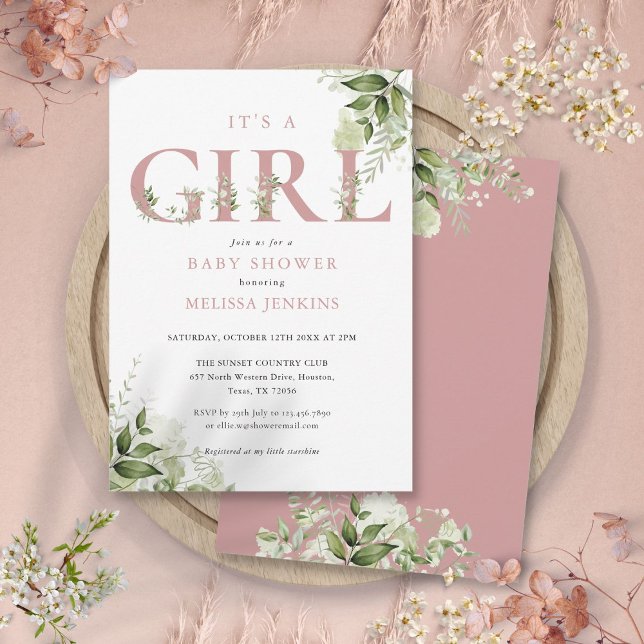 Det är en flicka Grönskande dammig rosa bokstavs b Inbjudningar (Its A Girl Greenery Dusty Rose Letter Baby Shower Invitation)