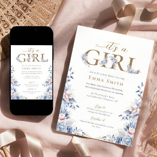 Det är en flicka Guld Blue ro Baby Shower Inbjudningar