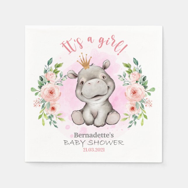 Det är en flicka, Hippo Baby Shower Napkins Pappersservett (Framsidan)