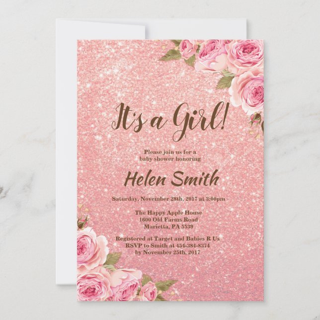 Det är en flicka i Ro i Glitter, Blommigt Babyskåd Inbjudningar (Framsida)