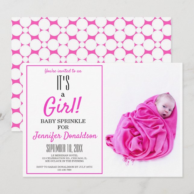 Det är en flicka! Inbjudan till rosa Baby Sprinkle (Fram/baksida)