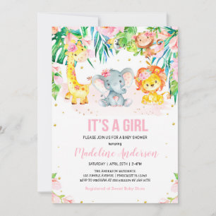 Det är en flicka Jungle Safari Rosa blommigt Baby Inbjudningar
