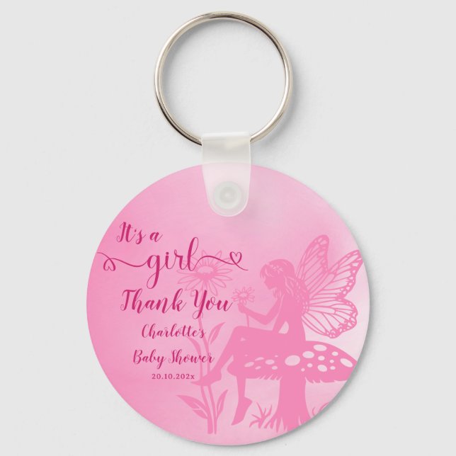 Det är en flicka! Mjölksvamp och blommiga babyskor Nyckelring (Baksida)