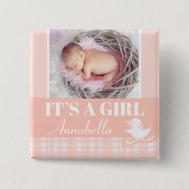 "Det är en flicka" nyfödd foto och namn-bricka Knapp (Framsida)
