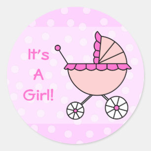 Det är en flicka! Rosa Baby Carriage Runt Klistermärke