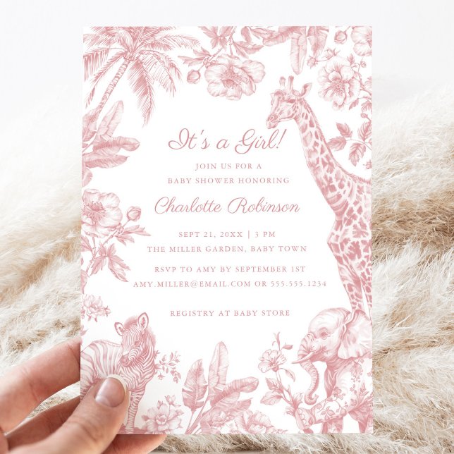 Det är en flicka Rosa Baby Shower Safari Toile Inbjudningar (It's a Girl Pink Girl Baby Shower Safari Toile Invitation)