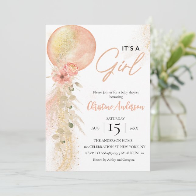 Det är en flicka Rosa Balloon Eucalyptus babydusch Inbjudningar (Stående Fram)