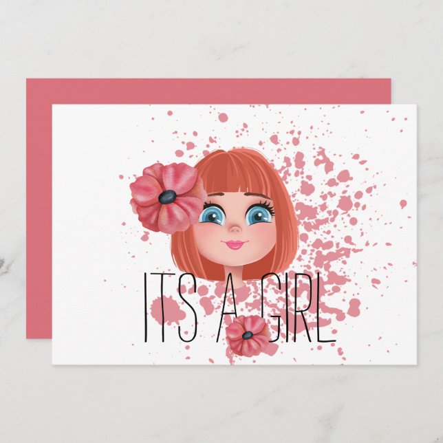 Det är en flicka, rosa blomma, flicka, födelse meddelande (Fram/baksida)