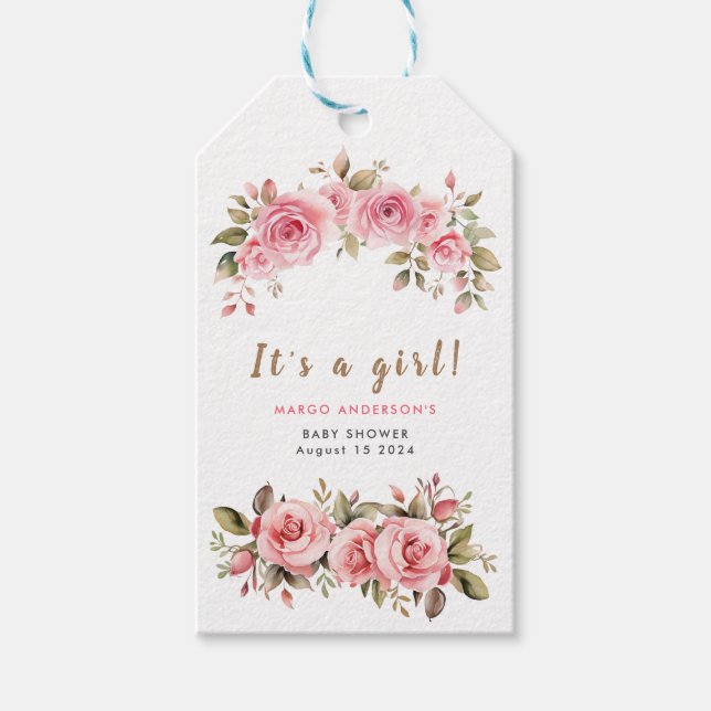 Det är en flicka! Rosa Blommigt Vattenfärgsbabysko Presentetikett (Framsidan)