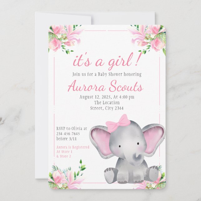 Det är en flicka Rosa Cute Elephant Baby Shower Inbjudningar (Framsida)