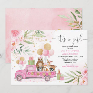 Det är en flicka! Rosa Guld Blommigt Woodland Baby Inbjudningar
