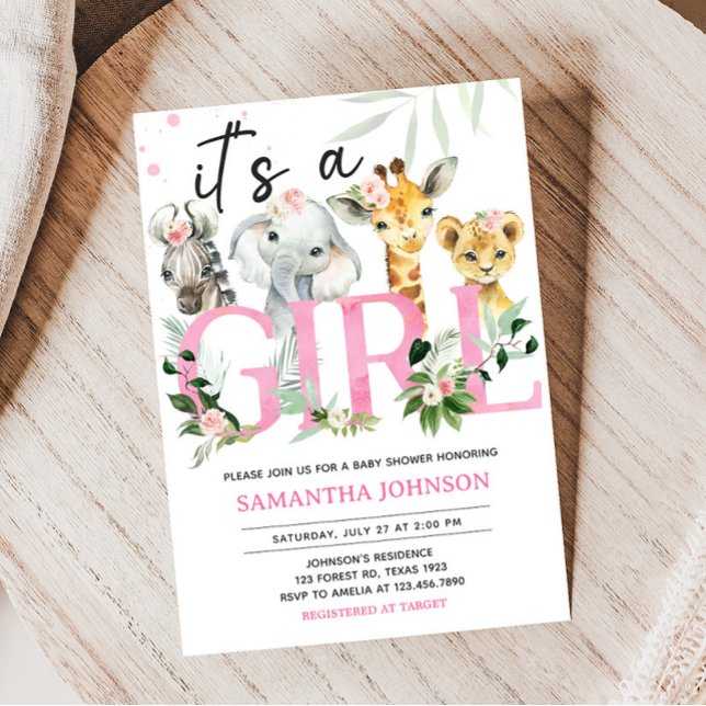 Det är en flicka Safari Animals Baby Shower Inbjudningar (Pink Floral Jungle Safari Baby Shower Invitation)